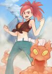  1girl absurdres belt black_shirt blue_pants blue_sky chanta_(ayatakaoisii) feet_out_of_frame flannery_(pokemon) highres long_hair looking_at_viewer midriff navel open_mouth pants pokemon pokemon_(creature) red_eyes red_hair shirt sky sleeveless sleeveless_shirt slugma smile smoke solo tied_shirt volcano white_belt 