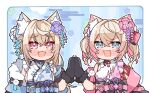  2girls animal_ear_fluff animal_ears animal_hands belt black_sash blonde_hair blue_belt blue_eyes blue_hair blue_kimono blush dog_ears dog_girl dog_paws fangs floral_print_kimono fuwawa_abyssgard fuwawa_abyssgard_(new_year) highres hololive hololive_english japanese_clothes kimono kukie-nyan long_hair looking_at_viewer medium_hair mococo_abyssgard mococo_abyssgard_(new_year) multicolored_hair multiple_girls obi official_alternate_costume open_mouth pink_belt pink_eyes pink_hair pink_kimono ponytail sash siblings sidelocks sisters skin_fangs streaked_hair twins twintails 