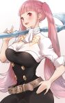  1girl axe bangs breasts fire_emblem fire_emblem:_three_houses garreg_mach_monastery_uniform hilda_valentine_goneril image_sample kurosususu large_breasts looking_at_viewer open_mouth pink_eyes pink_hair pixiv_sample sleeves_rolled_up smile solo twintails uniform white_background 