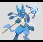 ambiguous_gender anthro black_body black_fur blue_body blue_fur fur generation_4_pokemon hi_res holding_object looking_at_viewer lucario nintendo pokemon pokemon_(species) red_eyes simple_background ska_siyu solo spikes spikes_(anatomy) tail white_background