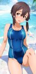  1girl :d arm_support asada_shino ass_visible_through_thighs bare_shoulders beach blue_one-piece_swimsuit blue_sky blurry blurry_background blush breasts brown_eyes brown_hair cloud collarbone commentary_request competition_swimsuit cowboy_shot day deviantart_logo deviantart_username english_commentary facebook_logo facebook_username german_commentary hair_between_eyes hair_ribbon highres looking_at_viewer medium_breasts mixed-language_commentary no_eyewear one-piece_swimsuit open_mouth outdoors partial_commentary pixiv_id pixiv_logo ribbon short_hair shugo19 sitting sky smile solo swimsuit sword_art_online tress_ribbon twitch_logo twitch_username twitter_logo twitter_username variant_set water 