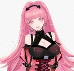  1girl :d absurdres bare_shoulders breasts cleavage cleavage_cutout clothing_cutout commentary_request corset earrings fire_emblem fire_emblem:_three_houses grey_background helen_(helen2210hk) highres hilda_valentine_goneril hoop_earrings jewelry large_breasts long_hair looking_at_viewer open_mouth pink_eyes pink_hair puffy_short_sleeves puffy_sleeves short_sleeves smile solo upper_body very_long_hair 