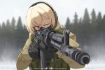  1girl aek-971 aiming aiming_at_viewer assault_rifle blonde_hair forest gloves gun headset highres load_bearing_vest mask military military_uniform nature one_eye_closed original red_eyes rifle sci_(31134306) snow tactical_clothes uniform weapon winter 