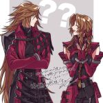  1boy 1girl absurdres aerith_gainsborough aerith_gainsborough_(rosy_battle_suit) armor asymmetrical_clothes bow braid braided_ponytail brown_hair detached_sleeves dirge_of_cerberus_final_fantasy_vii final_fantasy final_fantasy_vii final_fantasy_vii_ever_crisis fingerless_gloves genesis_rhapsodos gloves hair_bow hair_over_shoulder highres long_hair looking_at_another official_alternate_costume roku_(gansuns) shoulder_armor smile translation_request 