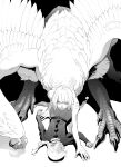  1boy 1girl absurdres centauroid chimera dark-skinned_male dark_skin dungeon_meshi enaka1101 falin_thorden greyscale highres long_sleeves looking_at_viewer lying monochrome monster_girl on_back short_hair spoilers taur thistle_(dungeon_meshi) wings 