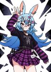  1girl animal_ear_fluff animal_ears arm_up bags_under_eyes bandage_on_knee bandaid bandaid_on_face bandaid_on_nose belt blue_hair collar hair_ornament highres indie_virtual_youtuber layered_sleeves long_hair long_sleeves morebreasts nanobites pleated_skirt rabbit_ears rabbit_girl red_eyes short_over_long_sleeves short_sleeves skirt solo v 