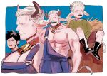  3boys animal_ears bara bell black_hair blue_overalls breasts cigarette cow_ears cow_horns cow_tail cowbell facial_hair goatee_stubble horns large_breasts male_focus multiple_boys n_nununu_n overalls scar scar_on_face scar_on_forehead sideburns sitting sitting_on_object smoker_(one_piece) stubble tail trafalgar_law white_hair 