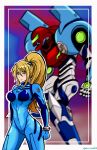  1girl blonde_hair blue_eyes blurry depth_of_field highres johncaden looking_at_viewer mashup mecha metroid metroid_dread neon_genesis_evangelion plugsuit ponytail samus_aran twitter_username zero_suit 