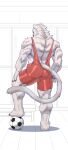 anthro back_muscles ball biped black_claws blue_eyes bottomwear brown_nose claws clothing eyebrows felid feline fur hand_on_leg hand_on_thigh hi_res inside locker_room looking_at_viewer looking_back male mammal muscular muscular_anthro muscular_calves muscular_male muscular_thighs red_clothing red_unitard shorts soccer_ball solo standing tail tight_clothing triceps tuft unitard white_body white_eyes white_fur white_tail yuezai_1