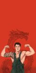  2024 absurdres bara chinese_zodiac dragon dragon_print eastern_dragon flexing happy_new_year highres muscular new_year non-web_source original pectorals year_of_the_dragon 