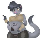  anthro big_breasts breasts clothing domestic_ferret female fingerless_gloves gloves hand_on_stomach handwear josephine_jovanka mammal mitsymarcella mustela mustelid musteline pregnant sleeveless_sweater smile solo true_musteline whiskers writing_on_belly yellow_eyes 