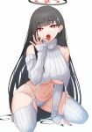  1girl bare_shoulders black_hair blue_archive blush breasts bright_pupils commentary detached_sleeves fellatio_gesture hair_ornament hairpin halo highres large_breasts long_hair looking_at_viewer meme_attire mijikayo_(user_eyyx8247) open_mouth panties red_eyes ribbed_sweater rio_(blue_archive) simple_background solo sweater thighhighs underboob underwear virgin_destroyer_sweater white_background white_panties white_pupils white_sleeves white_sweater white_thighhighs 