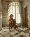  1girl barefoot blonde_hair chair closed_eyes commentary curtains doorway english_commentary from_behind full_body highres loish original paper ponytail signature sitting solo window 