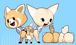  abstract_background aggressive_retsuko ailurid ambiguous_gender anthro anus bent_over blue_background blush butt canid canine chibi duo female female/ambiguous fennec fenneko fox genitals gosgoz laugh looking_at_viewer mammal open_mouth presenting presenting_hindquarters pussy red_panda retsuko sanrio simple_background 