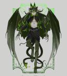  1boy animal_feet animal_hands black_sclera black_skirt chain claws colored_sclera colored_skin colored_tips cuffs digitigrade full_body gem green_eyes green_fur green_gemstone green_hair green_horns green_wings grey_background grey_skin hair_between_eyes highres horns inset_border long_hair long_sleeves looking_at_viewer male_focus monster_boy multicolored_hair multiple_tails original ornate_border parted_lips pointy_ears sabuneko2645 shackles sidelocks simple_background skirt snake_tail solo tail tail_mouth wings 