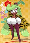  absurdres bangs commentary_request crown framed full_body green_hair highres itsuru long_hair pokemon pokemon_(creature) red_eyes solo standing swept_bangs tsareena 