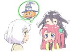  3girls black_hair blue_eyes blush_stickers dororon_enma-kun enma-kun hair_ornament konno_junko long_hair minamoto_sakura multiple_girls open_mouth short_hair silver_hair simple_background smile ueyama_michirou white_background yamada_tae zombie_land_saga 