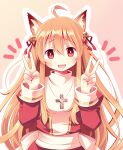  1girl ahoge animal_ear_fluff animal_ears bangs bell blonde_hair blush bow cat_ears cross cross_necklace doridori double_v dress eyebrows_visible_through_hair hair_bell hair_between_eyes hair_ornament hair_ribbon high_priest_(ragnarok_online) jewelry jingle_bell juliet_sleeves kemonomimi_mode long_hair long_sleeves looking_at_viewer necklace open_mouth outline pink_background puffy_sleeves ragnarok_online red_dress red_eyes red_ribbon ribbon sash simple_background smile solo two-tone_dress upper_body v white_bow white_dress white_outline white_sash 