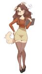 2022 absurd_res anthro bottomwear breasts brown_eyes brown_hair brown_nose bypbap canid canine canis clothing collarbone digital_media_(artwork) domestic_dog ear_piercing female floppy_ears footwear full-length_portrait fur hair hana_(bypbap) hi_res high_heels legwear long_hair long_sleeves mammal piercing portrait question_mark shirt simple_background skirt solo speech_bubble standing stockings tail tan_body tan_fur topwear white_background