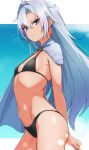  1girl a_(xenoblade) bikini black_bikini blue_background breasts closed_mouth commentary_request curtained_hair detached_collar earrings eyelashes glint grey_eyes grey_hair hair_between_eyes highres jewelry kamidan letterboxed long_bangs long_hair looking_at_viewer navel small_breasts smile solo standing swimsuit xenoblade_chronicles_(series) xenoblade_chronicles_3 xenoblade_chronicles_3:_future_redeemed 