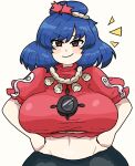  black_skirt blue_hair blush breasts clothes_lift hair_ornament highres large_breasts leaf_hair_ornament looking_at_viewer midriff mirror mountain_of_faith navel notnoe_(dxcl) red_eyes red_shirt rope shimenawa shirt shirt_lift short_hair skirt smile solo stomach touhou yasaka_kanako 