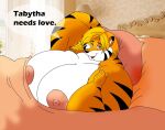 2014 anthro areola bed bedding big_breasts blanket blonde_hair breasts digital_media_(artwork) english_text felid female fur furniture green_eyes hair huge_breasts mammal nipples orange_body orange_fur overweight overweight_anthro overweight_female pantherine pillow solo speech_bubble striped_body striped_fur stripes tabytha_starling text tiger white_body white_fur xxsparcoxx