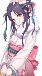  1girl black_hair black_horns blue_archive blush closed_mouth deca_purio demon_horns flower fur-trimmed_kimono fur_trim fuuka_(blue_archive) fuuka_(new_year)_(blue_archive) hair_flower hair_ornament horns japanese_clothes kimono long_hair long_sleeves looking_at_viewer obi official_alternate_costume pink_flower pink_kimono red_eyes sash simple_background smile solo white_background wide_sleeves 