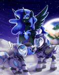 absurd_res armor astral_azure_(oc) black_body black_fur blaze_(marking) blue_eyes blue_eyeshadow blue_hair brown_eyes cutie_mark earth equid equine exclamation_point eyeshadow facial_markings female friendship_is_magic fur hair hasbro head_markings headgear helmet hi_res horn makeup mammal markings my_little_pony nightmare_moon_(mlp) orion_zephyr_(oc) pegasus planet planet_earth pupils shadowreindeer slit_pupils spacesuit star winged_unicorn wings zebra