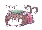  1girl angry animal_ears aokukou brown_hair cat_ears cat_girl cat_tail chen dress green_headwear lowres lying multiple_tails on_stomach red_dress solo tail touhou white_background 