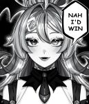  1girl absurdres blush demon_wings english_text fangs geega_(underworld_casual)_(vtuber) geega_(vtuber) greyscale hair_between_eyes hair_intakes head_wings heterochromia highres kyaree long_hair looking_at_viewer lower_teeth_only meme monochrome nah_i&#039;d_win_(meme) necktie open_mouth pointy_ears ponytail shirt skin_fangs sleeveless sleeveless_shirt slit_pupils solo speech_bubble teeth virtual_youtuber vshojo wings 