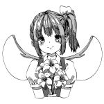  1girl bouquet bow closed_mouth cropped_torso daiyousei fairy_wings flower greyscale hair_bow kourou_(kouroukun) light_smile looking_at_viewer medium_hair monochrome puffy_short_sleeves puffy_sleeves shirt short_sleeves side_ponytail simple_background solo touhou upper_body vest wings 