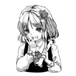  1girl after_meal ascot blood blood_from_mouth bone closed_mouth collared_shirt cropped_torso eating frilled_sleeves frills greyscale holding holding_bone kourou_(kouroukun) long_sleeves looking_at_viewer medium_hair monochrome rumia shirt simple_background solo touhou upper_body vest 
