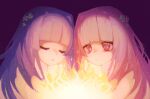  2girls blunt_bangs closed_eyes clover_hair_ornament commentary_request embers expressionless fire flower hair_flower hair_intakes hair_ornament kotonoha_akane kotonoha_aoi long_hair marutsubo multiple_girls open_mouth pink_hair purple_background purple_hair red_eyes siblings simple_background sisters sparkling_eyes sparks upper_body voiceroid 