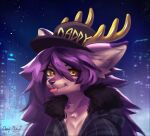 amber_eyes anthro antlers blair_(tft) blep canid canine clothing deer female fox hair hat headgear headwear hi_res horn jacket long_hair looking_at_viewer mammal onedayt purple_hair solo tongue tongue_out topwear