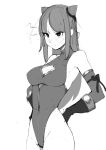 1girl absurdres bare_shoulders blush breasts cestina_(grand_summoners) cleavage cleavage_cutout clothing_cutout elbow_gloves gloves grand_summoners hands_on_own_hips highres leotard long_hair monochrome puppuppa solo 