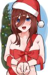  1girl amog blue_eyes blush breasts christmas gift go-toubun_no_hanayome highres large_breasts nakano_miku quintuplets red_ribbon ribbon shy smile 