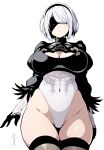  1girl 2b_(nier:automata) batta_16-sei black_blindfold black_hairband black_thighhighs blindfold breasts clothing_cutout covered_eyes feather_trim gloves hairband highres juliet_sleeves large_breasts leotard long_sleeves mole mole_under_mouth nier:automata nier_(series) puffy_sleeves short_hair solo thick_thighs thighhighs thighs white_hair white_leotard 