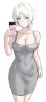  1girl bare_arms bare_shoulders blue_eyes breasts cellphone cleavage closed_mouth collarbone commentary_request covered_navel dongtan_dress dress eonyan_(chaeyang) faust_(project_moon) grey_dress highres holding holding_phone large_breasts limbus_company looking_at_viewer meme_attire nail_polish pencil_dress phone pink_nails project_moon selfie short_hair simple_background smartphone solo standing white_background white_hair 