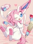 &lt;3 2024 3:4 3_toes ambiguous_gender artist_name blue_eyes cute_fangs daww digital_media_(artwork) digitigrade eeveelution fangs feet feral fur generation_6_pokemon hand_mirror hi_res holding_mirror holding_object kaminokefusa mirror moisturizer nintendo one_eye_closed open_mouth paws personal_grooming pink_body pink_fur pokemon pokemon_(species) quadruped signature solo sylveon tail teeth text toes tongue white_body white_fur