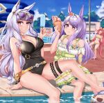  3girls :t agnes_digital_(umamusume) barefoot belt bikini bikini_skirt black_one-piece_swimsuit blood blue_sky blunt_bangs blurry blurry_background bracelet breasts cleavage closed_eyes day depth_of_field ear_piercing eating excessive_nosebleed eyewear_on_head food gold_ship_(run_revolt_launcher)_(umamusume) gold_ship_(umamusume) grey_hair grin highres holding holding_food horse_girl ice_cream_cone jewelry large_breasts long_hair looking_at_another looking_at_viewer mejiro_mcqueen_(ripple_fairlady)_(umamusume) mejiro_mcqueen_(umamusume) multiple_girls navel necklace nosebleed off-shoulder_shirt off_shoulder official_alternate_costume one-piece_swimsuit open_mouth outdoors piercing pink_hair pool popsicle purple_eyes purple_hair shirt sitting sky smile soaking_feet standing sunglasses swimsuit tabunshake thigh_strap umamusume white_shirt yellow-framed_eyewear yellow_belt yellow_bikini 