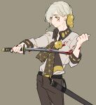  1boy asa_no_ha_(pattern) bell belt black_belt black_ribbon blood blood_on_clothes blood_on_face blood_on_weapon braid brown_background brown_pants cleaning cleaning_weapon collared_shirt commentary_request contrapposto cowboy_shot grey_hair grey_shirt hair_bell hair_ornament hand_up holding holding_sword holding_weapon iori_yuzuru jingle_bell katana large_ribbon looking_ahead male_focus neck_bell neck_ribbon pants print_ribbon ribbon sheath shirt shirt_tucked_in short_hair side_braid simple_background sleeves_past_elbows solo standing sword tokono_touhi voiceroid weapon wiping_blood yellow_eyes 
