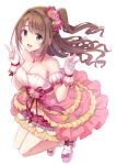 1girl bare_shoulders blurry blush bow breasts brown_eyes brown_hair choker cleavage collarbone depth_of_field detached_sleeves dot_nose dress dress_bow floating_hair flower from_above gloves hair_bow hair_flower hair_ornament hands_up high_heels idolmaster idolmaster_cinderella_girls idolmaster_cinderella_girls_starlight_stage layered_dress long_hair looking_at_viewer medium_breasts one_side_up open_mouth pink_bow pink_choker pink_dress pink_footwear pink_gloves pink_sleeves red_ribbon ribbon rose shimamura_uzuki simple_background smile socks solo strapless strapless_dress striped striped_bow teeth u_rin upper_teeth_only w white_background white_socks yellow_flower yellow_rose 