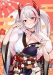  1girl absurdres azur_lane black_choker black_panties breasts choker cleavage closed_mouth cross hands_up happy_new_year headgear highres holding holding_paper iron_cross japanese_clothes kimono large_breasts lips long_hair looking_at_viewer mole mole_on_breast multicolored_hair nukege_ojisan obi obijime official_alternate_costume orange_eyes panties paper pelvic_curtain prinz_eugen_(azur_lane) prinz_eugen_(profusion_of_flowers)_(azur_lane) red_hair sash side-tie_panties smile solo streaked_hair swept_bangs textless_version two_side_up underwear upper_body white_hair wide_sleeves 