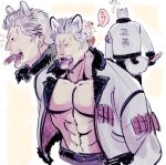  1boy animal_ears bara beard_stubble cigarette copyright_request jacket male_focus muscular muscular_male n_nununu_n open_clothes open_jacket sharp_teeth smoker_(one_piece) solo tail teeth vest white_vest wolf_ears wolf_tail 