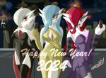 2024 3_fingers alyx_(cobra0281) blue_hair breasts cleavage clothed clothing cobra0281 elegant_dress female fingers gardevoir generation_3_pokemon glass glass_of_wine group hair hair_over_eye happy_new_year_2024 hi_res holidays humanoid jewelry legwear long_hair looking_at_viewer medium_breasts mega_stone necklace new_year nintendo not_furry one_eye_obstructed orange_eyes pokemon pokemon_(species) purple_eyes red_eyes red_hair shiny_pokemon smile smiling_at_viewer thigh_highs toasting trio white_hair zonatta_(lynofdeath)