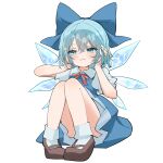  1girl blue_bow blue_dress blue_eyes blue_hair blush bow brown_footwear cirno closed_mouth commentary_request convenient_leg dress full_body hair_bow hands_on_own_head highres ice ice_wings knees_up looking_at_viewer mary_janes medium_hair mikan_(manmarumikan) on_ground puffy_short_sleeves puffy_sleeves red_ribbon ribbon shoes short_sleeves simple_background sitting smile socks solo touhou white_background white_socks wings 