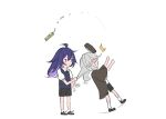  2girls ahoge blush bronya_rand closed_mouth grabbing_another&#039;s_hair grey_hair highres honkai:_star_rail honkai_(series) juice_box kaosmccloud long_hair multiple_girls purple_eyes purple_hair seele_(honkai:_star_rail) simple_background white_background 