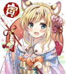  1girl :d animal_ear_fluff animal_ears arrow_(projectile) bangs bell black_hair blonde_hair blue_kimono blush braid chinese_zodiac commentary_request crown_braid egasumi eyebrows_visible_through_hair floral_print fur_collar green_eyes hair_bun hamaya holding holding_arrow japanese_clothes jingle_bell kimono long_hair looking_at_viewer motoi_ayumu multicolored_hair original print_kimono smile solo streaked_hair tiger_ears year_of_the_tiger 