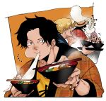  black_hair blonde_hair brothers eating food freckles glasses hat holding koby_(one_piece) looking_at_viewer m61517138 male_focus monkey_d._luffy multiple_boys one_piece open_mouth patterned_hair pink_hair portgas_d._ace sabo_(one_piece) siblings smile straw_hat 