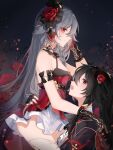  2girls black_gloves cleavage_cutout closed_mouth clothing_cutout dress eyeliner fang fingerless_gloves flower fu_hua fu_hua_(blood_voivode) fu_hua_(herrscher_of_sentience) fu_hua_(shadow_knight) fu_hua_(turn_up_the_music!)_(herrscher_of_sentience) gloves grey_hair hair_between_eyes hair_flower hair_ornament high_ponytail highres honkai_(series) honkai_impact_3rd light_smile long_hair long_sleeves looking_at_viewer makeup mangzhi_yaoyao multicolored_hair multiple_girls official_alternate_costume on_head open_mouth ponytail red_dress red_eyeliner red_eyes red_flower rose skirt sleeveless sleeveless_dress streaked_hair thighhighs vampire white_hair white_skirt white_thighhighs yellow_pupils 